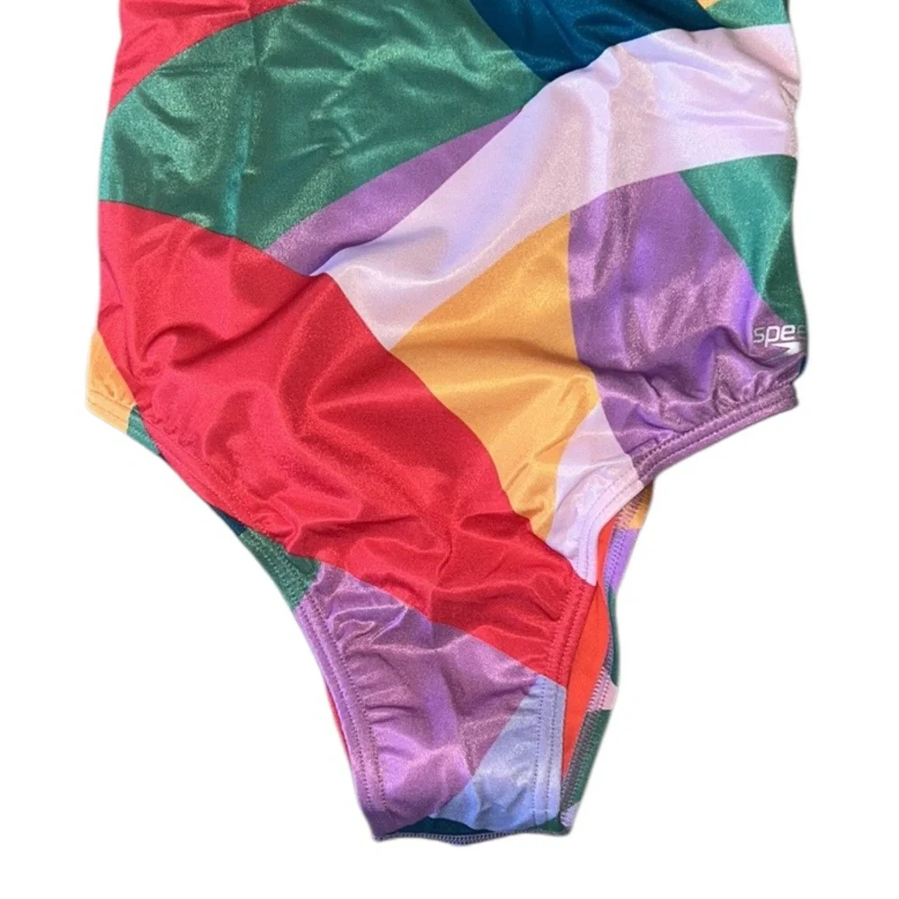NWT Speedo Eco Endurance Cheeky T-Strap One Piece Swimsuit in Geo Colorblock - S